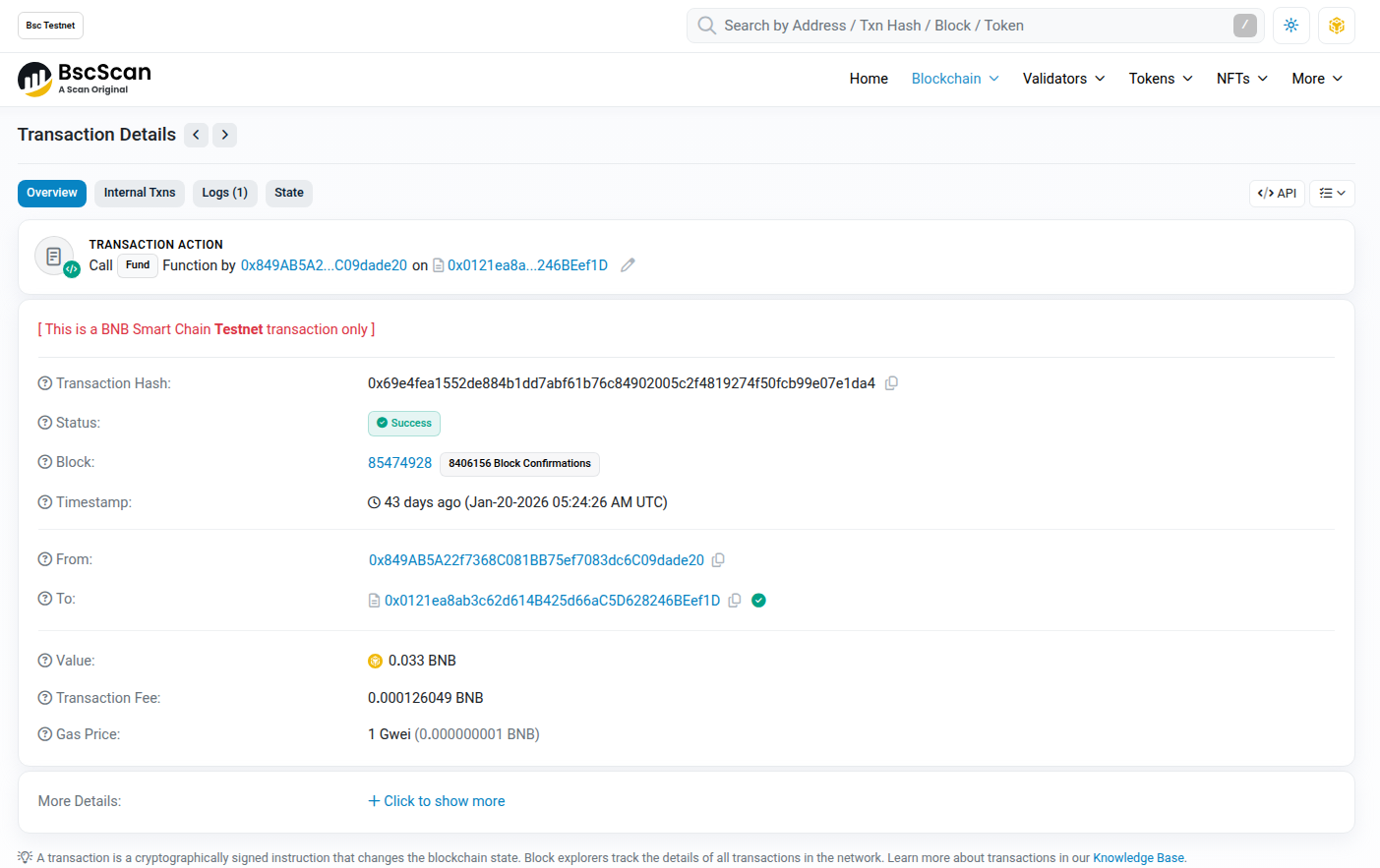 BSC transaction showing escrow funding on BscScan